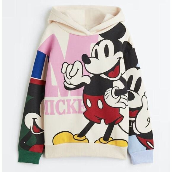 Disney Girls 8/10 HM Mickey Mouse Graphic Cream Hooded Sweater - Picture 1 of 6